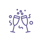 An illustrated icon of two champagne glasses and confetti. This represents the  networking events at Worlds End Studios. 